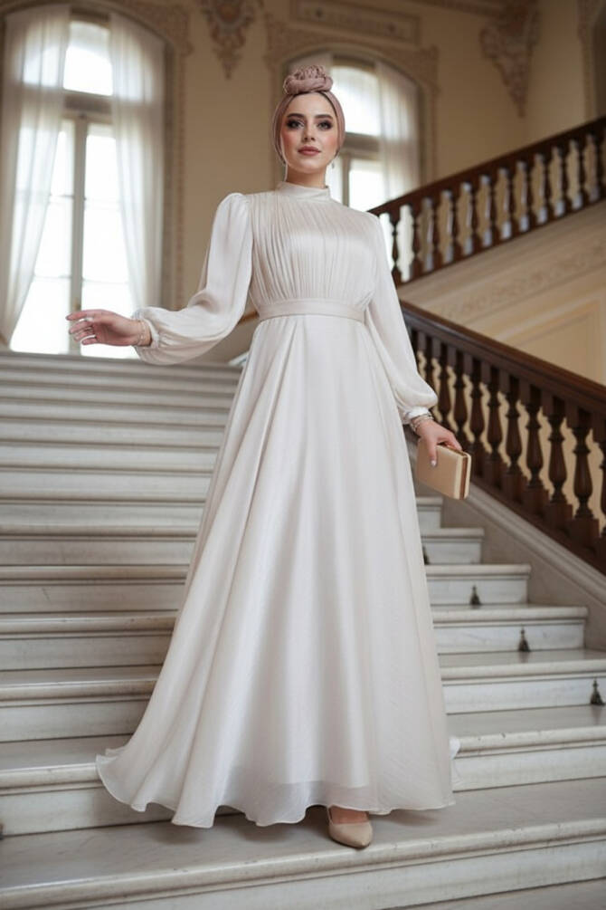 Tesettürlü Abiye Elbise - Drape Detaylı Taş Tesettür Abiye Elbise 51072TAS - N.S NEVA STYLE