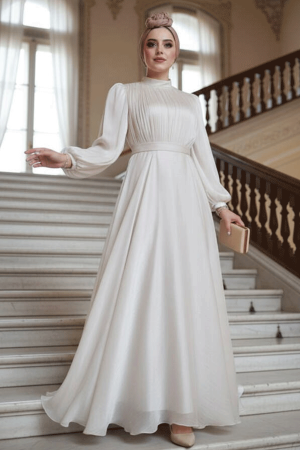 Tesettürlü Abiye Elbise - Drape Detaylı Taş Tesettür Abiye Elbise 51072TAS 