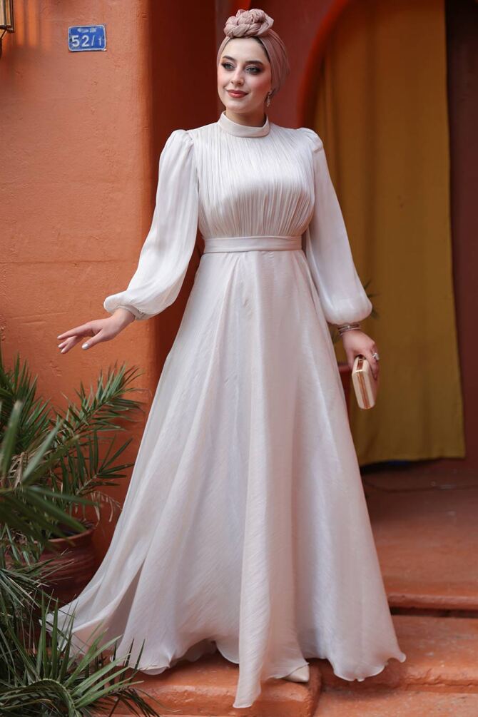 Tesettürlü Abiye Elbise - Drape Detaylı Taş Tesettür Abiye Elbise 51072TAS - N.S NEVA STYLE