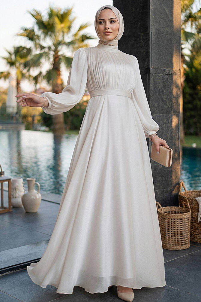Tesettürlü Abiye Elbise - Drape Detaylı Taş Tesettür Abiye Elbise 51072TAS - 2