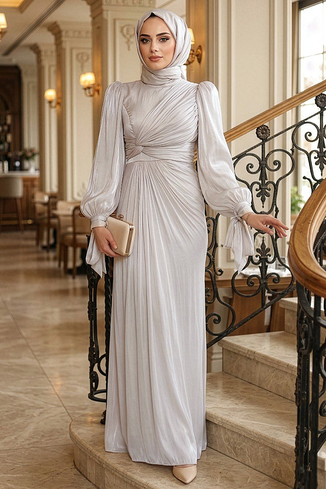 Tesettürlü Abiye Elbise - Drape Detaylı Taş Tesettür Abiye Elbise 52285TAS - 1