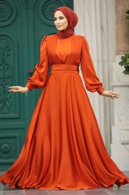 Tesettürlü Abiye Elbise - Drape Detaylı Turuncu Tesettür Saten Abiye Elbise 40621T - Thumbnail