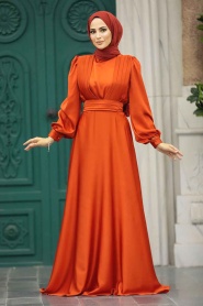 Tesettürlü Abiye Elbise - Drape Detaylı Turuncu Tesettür Saten Abiye Elbise 40621T - Thumbnail