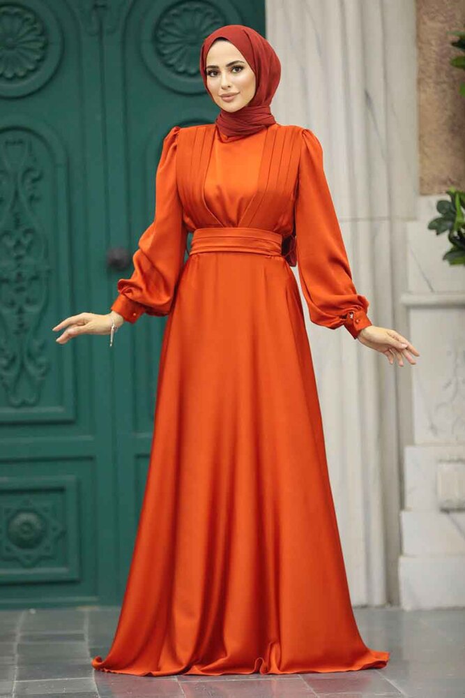 Tesettürlü Abiye Elbise - Drape Detaylı Turuncu Tesettür Saten Abiye Elbise 40621T - 2