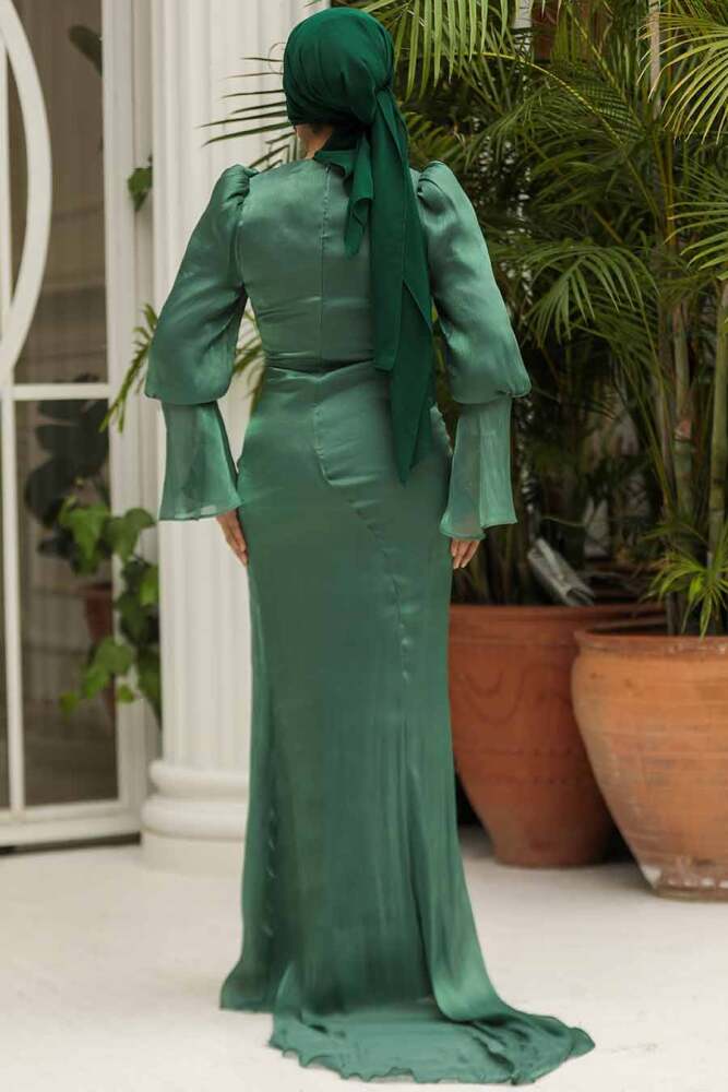 Tesettürlü Abiye Elbise - Drape Detaylı Yeşil Tesettür Abiye Elbise 48531Y - 3