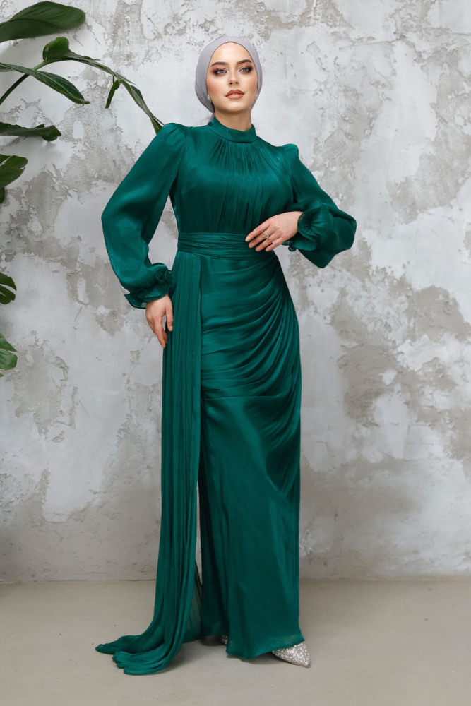 Tesettürlü Abiye Elbise - Drape Detaylı Yeşil Tesettür Abiye Elbise 4934Y - 3