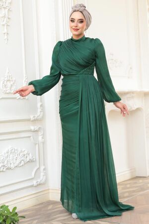 Tesettürlü Abiye Elbise - Drape Detaylı Yeşil Tesettür Abiye Elbise 52585Y - 2