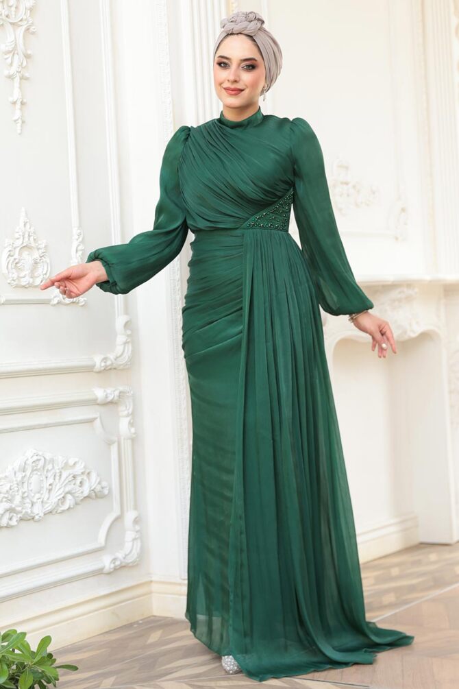 Tesettürlü Abiye Elbise - Drape Detaylı Yeşil Tesettür Abiye Elbise 52585Y - 2