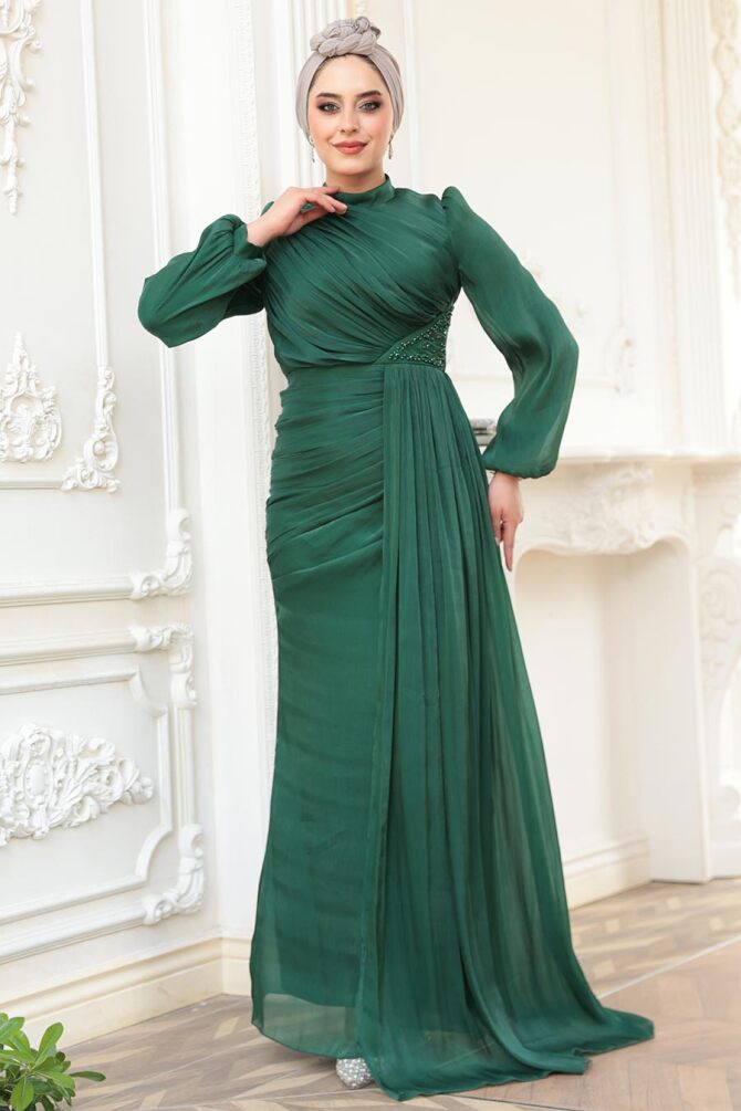 Tesettürlü Abiye Elbise - Drape Detaylı Yeşil Tesettür Abiye Elbise 52585Y - 3