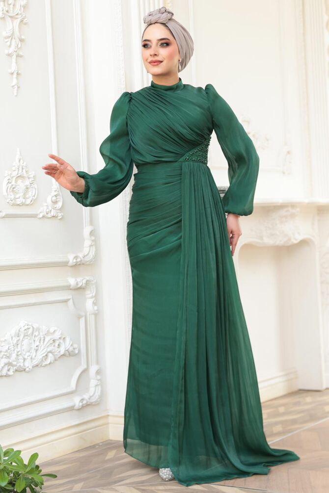 Tesettürlü Abiye Elbise - Drape Detaylı Yeşil Tesettür Abiye Elbise 52585Y - 1