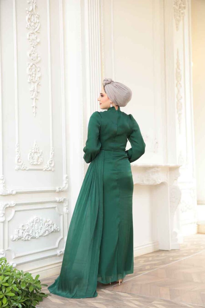 Tesettürlü Abiye Elbise - Drape Detaylı Yeşil Tesettür Abiye Elbise 52585Y - 4
