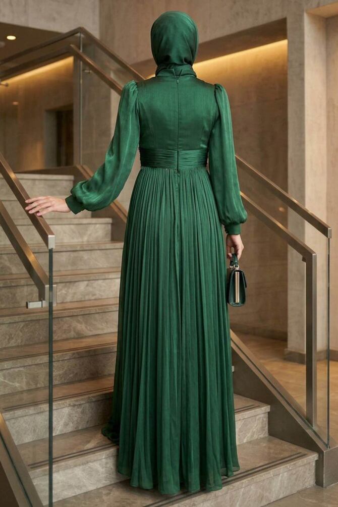Tesettürlü Abiye Elbise - Drape Detaylı Yeşil Tesettür Abiye Elbise 54041Y - 2