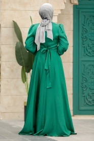 Tesettürlü Abiye Elbise - Drape Detaylı Yeşil Tesettür Saten Abiye Elbise 40621Y - Thumbnail