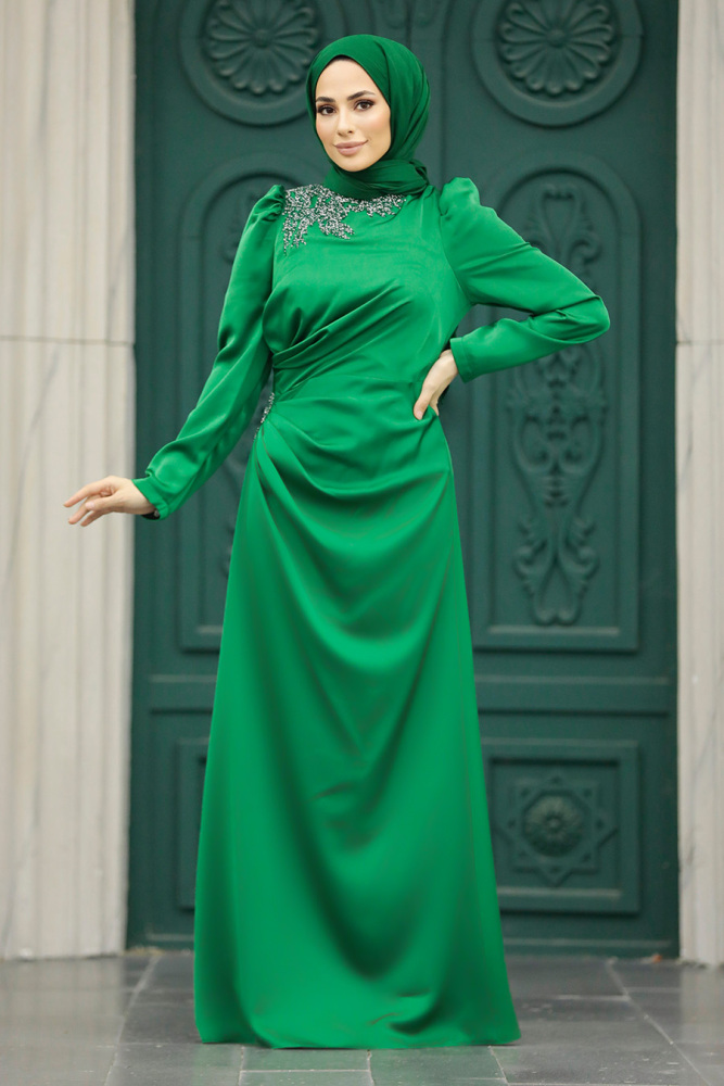 Tesettürlü Abiye Elbise - Drape Detaylı Yeşil Tesettür Saten Abiye Elbise 40773Y - 1