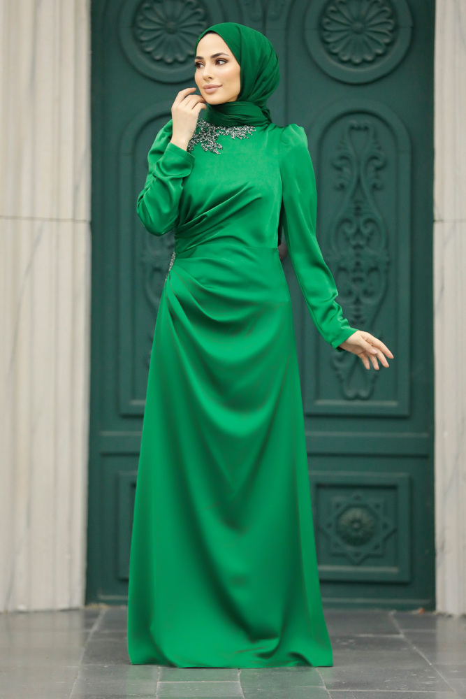 Tesettürlü Abiye Elbise - Drape Detaylı Yeşil Tesettür Saten Abiye Elbise 40773Y - 3