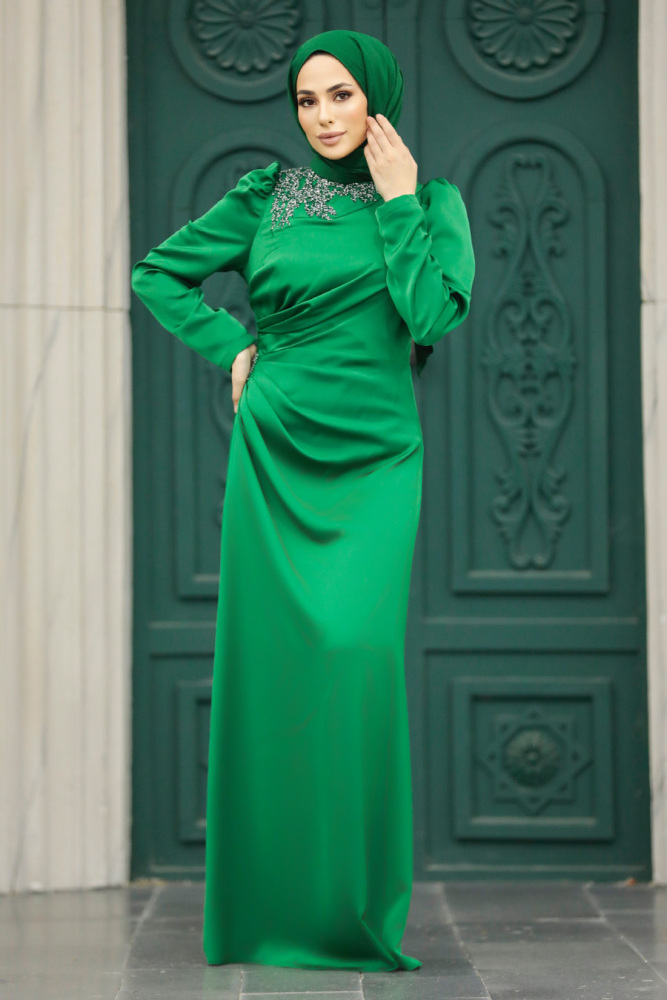 Tesettürlü Abiye Elbise - Drape Detaylı Yeşil Tesettür Saten Abiye Elbise 40773Y - 2
