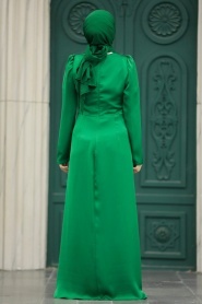 Tesettürlü Abiye Elbise - Drape Detaylı Yeşil Tesettür Saten Abiye Elbise 40773Y - Thumbnail