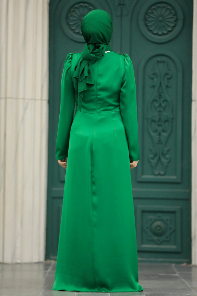Tesettürlü Abiye Elbise - Drape Detaylı Yeşil Tesettür Saten Abiye Elbise 40773Y - 4
