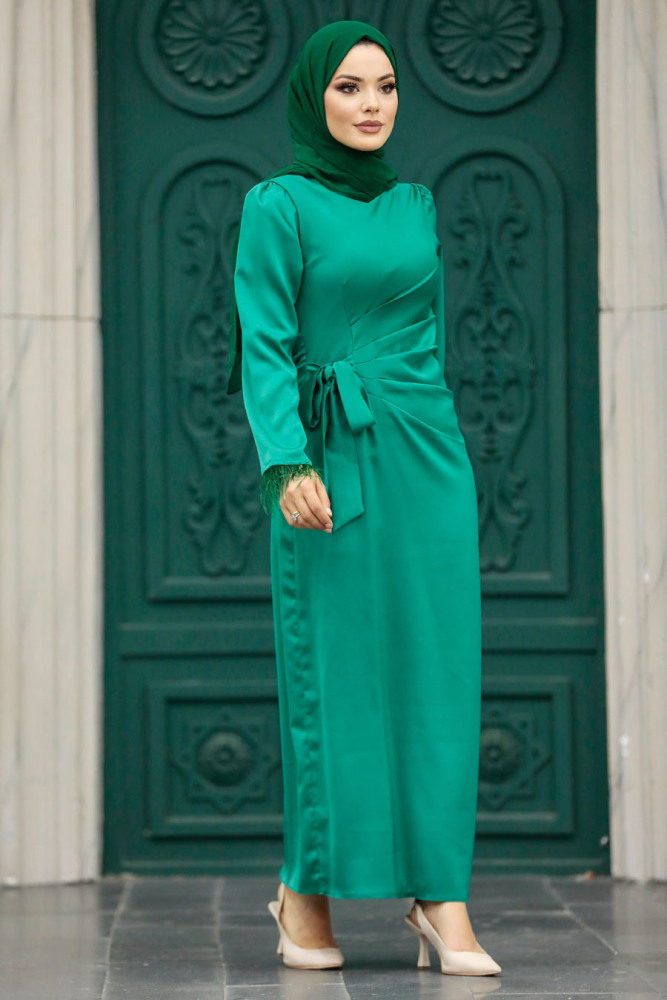 Tesettürlü Abiye Elbise - Drape Detaylı Yeşil Tesettür Saten Abiye Elbise 5921Y - 3