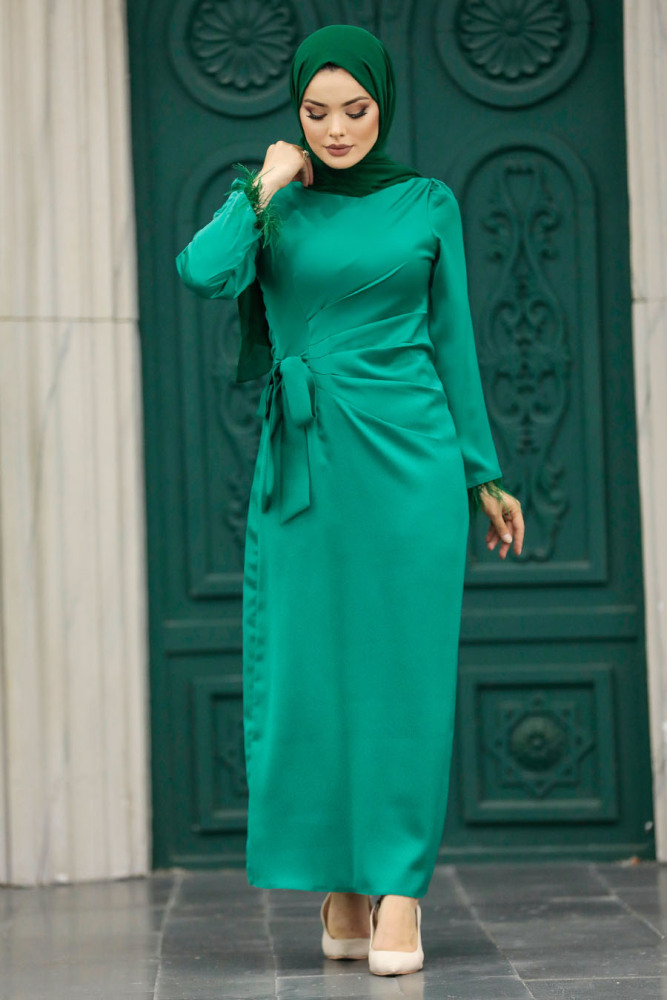 Tesettürlü Abiye Elbise - Drape Detaylı Yeşil Tesettür Saten Abiye Elbise 5921Y - 2