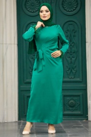 Tesettürlü Abiye Elbise - Drape Detaylı Yeşil Tesettür Saten Abiye Elbise 5921Y - Thumbnail