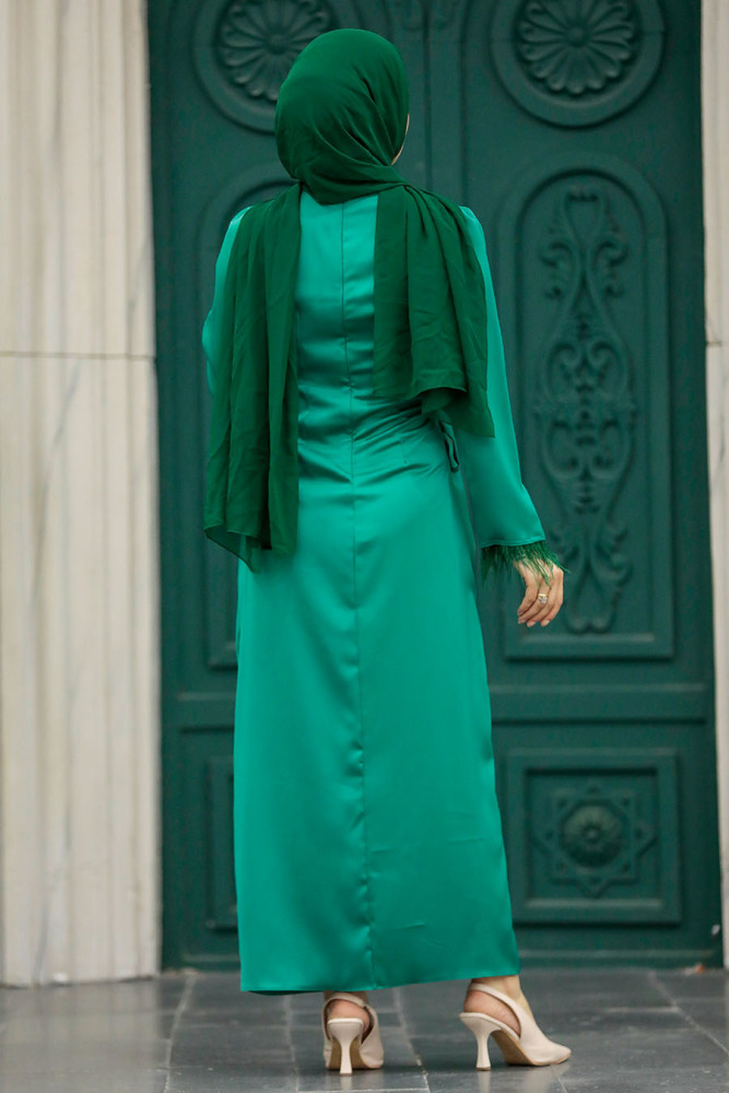 Tesettürlü Abiye Elbise - Drape Detaylı Yeşil Tesettür Saten Abiye Elbise 5921Y - 4