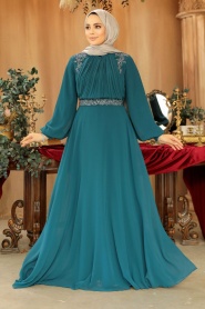 Tesettürlü Abiye Elbise - Drape Detaylı Zümrüt Yeşili Tesettür Abiye Elbise 25879ZY - Thumbnail