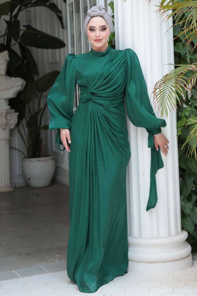 Tesettürlü Abiye Elbise - Drape Detaylı Zümrüt Yeşili Tesettür Abiye Elbise 52285ZY - 2