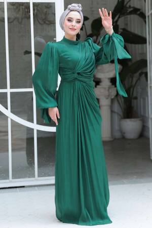 Tesettürlü Abiye Elbise - Drape Detaylı Zümrüt Yeşili Tesettür Abiye Elbise 52285ZY 