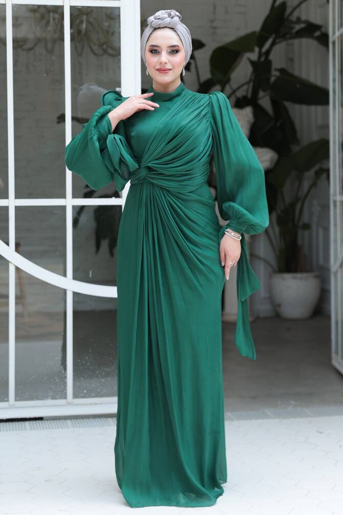 Tesettürlü Abiye Elbise - Drape Detaylı Zümrüt Yeşili Tesettür Abiye Elbise 52285ZY - 4