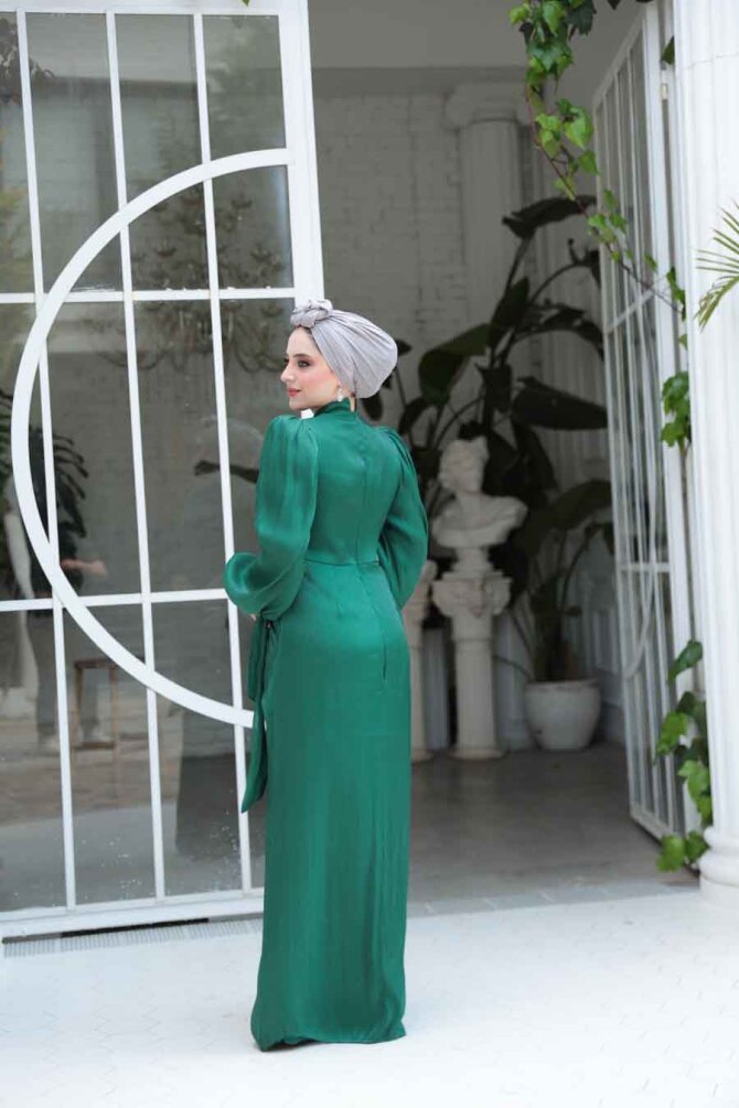 Tesettürlü Abiye Elbise - Drape Detaylı Zümrüt Yeşili Tesettür Abiye Elbise 52285ZY - 5