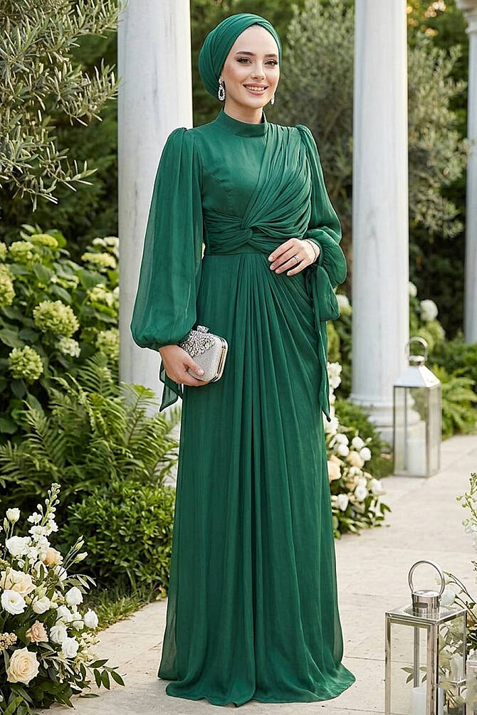 Tesettürlü Abiye Elbise - Drape Detaylı Zümrüt Yeşili Tesettür Abiye Elbise 52285ZY - 1