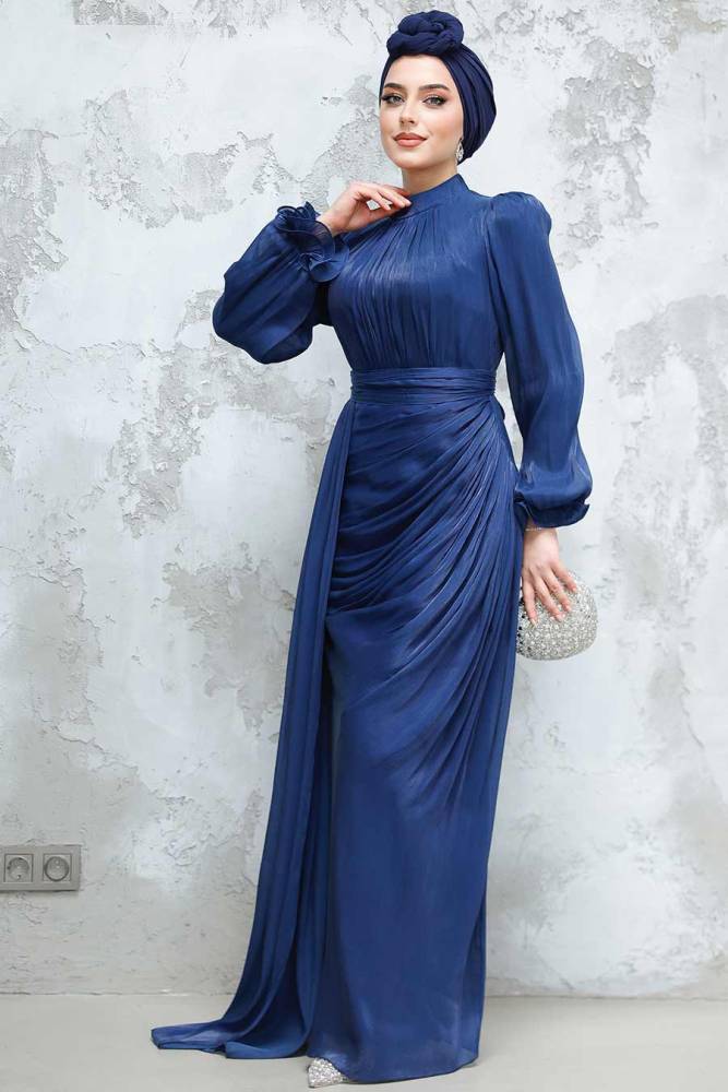 Tesettürlü Abiye Elbise - Drape Lacivert Tesettür Abiye Elbise 4934L - 1