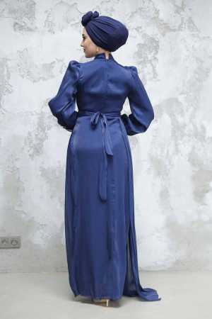 Tesettürlü Abiye Elbise - Drape Lacivert Tesettür Abiye Elbise 4934L - 4