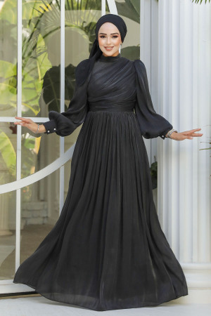 Tesettürlü Abiye Elbise - Drape Detaylı Siyah Tesettür Abiye Elbise 44081S 