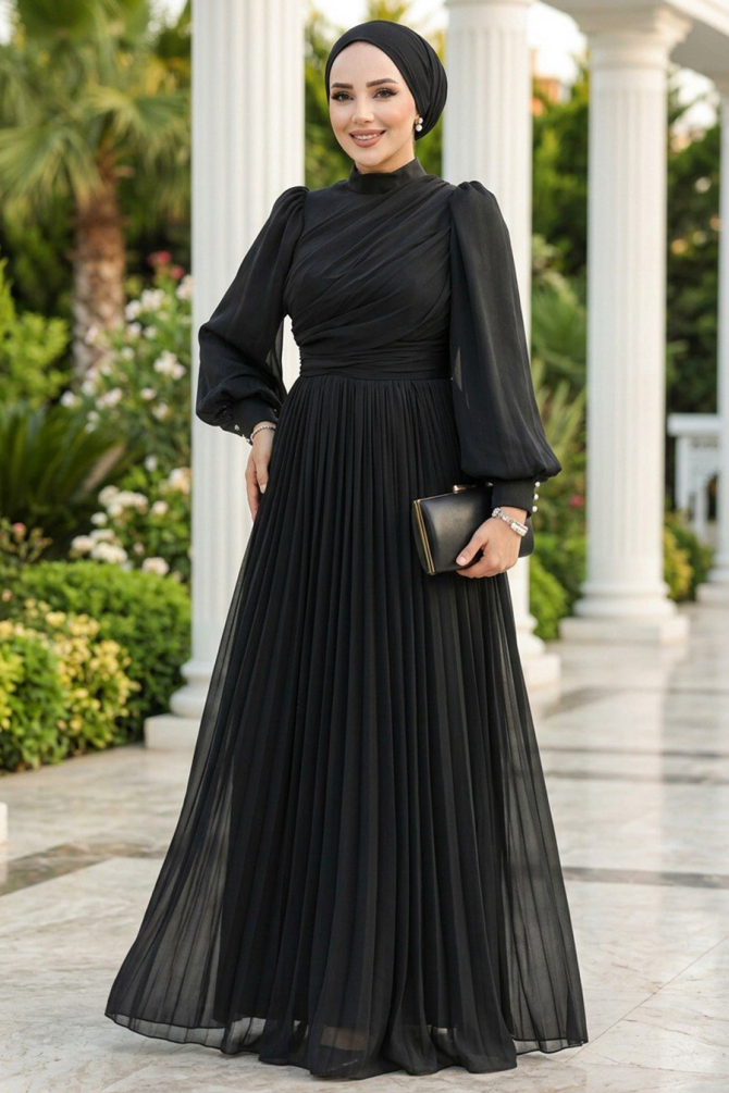 Tesettürlü Abiye Elbise - Drape Detaylı Siyah Tesettür Abiye Elbise 44081S - 1