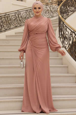 Tesettürlü Abiye Elbise - Drapeli Bakır Tesettür Abiye Elbise 50781BKR 