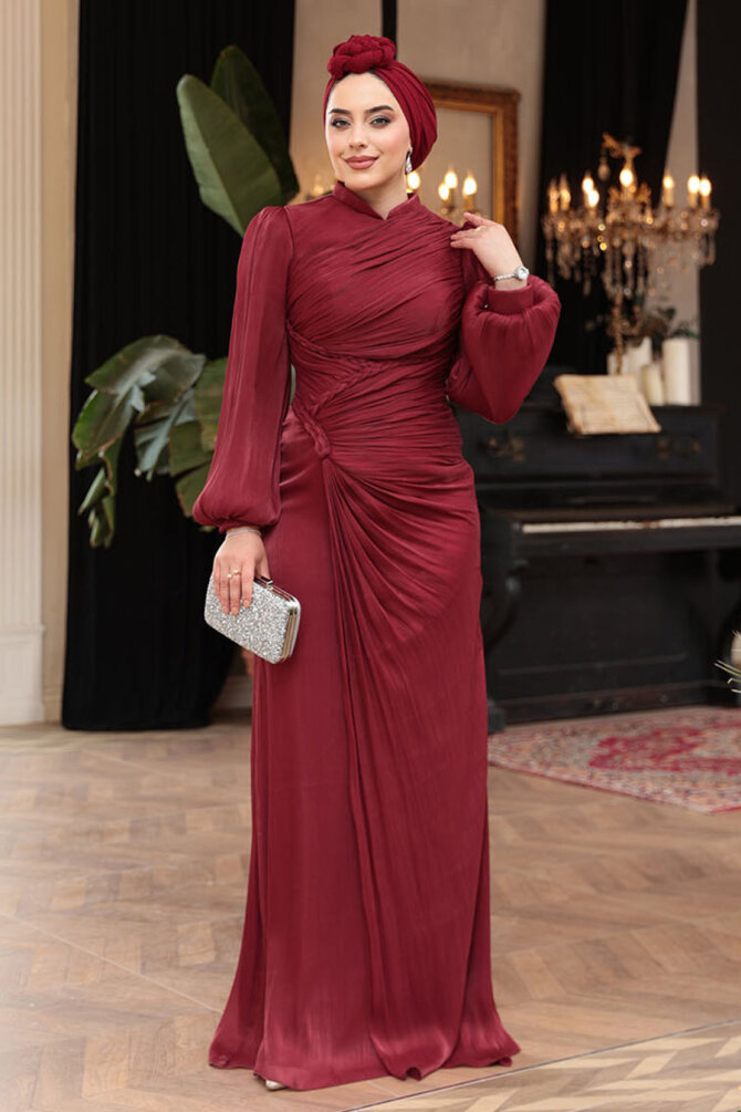 Tesettürlü Abiye Elbise - Drapeli Bordo Tesettür Abiye Elbise 50781BR - 2