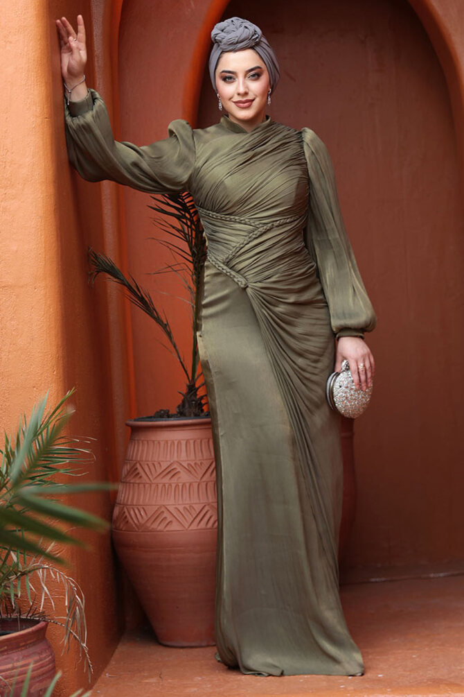 Tesettürlü Abiye Elbise - Drapeli Haki Tesettür Abiye Elbise 50781HK - TESETTÜRLÜ ABİYE ELBİSELER