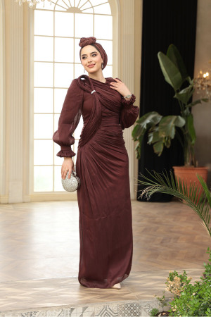Tesettürlü Abiye Elbise - Drapeli Kahverengi Tesettür Abiye Elbise 51512KH - 2