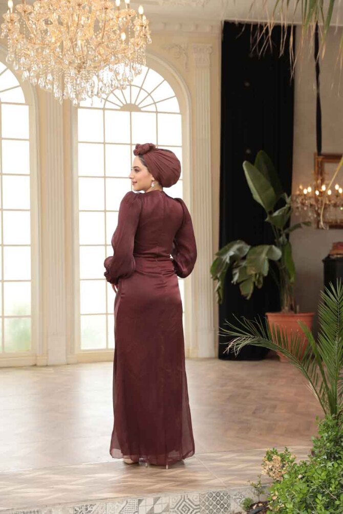 Tesettürlü Abiye Elbise - Drapeli Kahverengi Tesettür Abiye Elbise 51512KH - 4