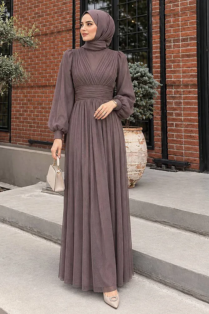 Modest Evening Dress - Draped Dark Mink Modest Evening Dress 46321KV - 1