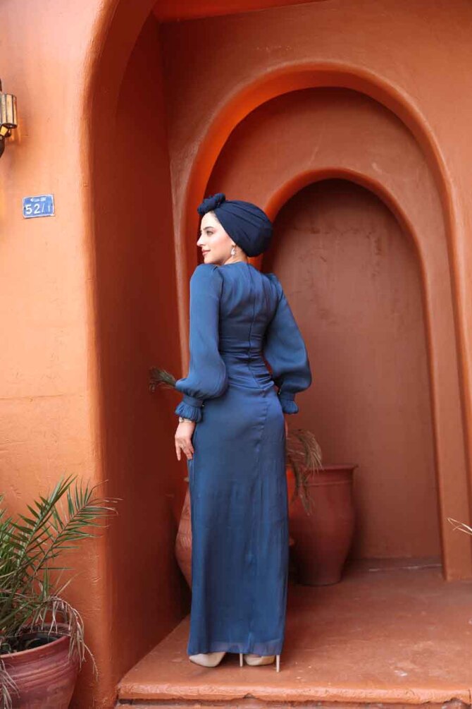 Tesettürlü Abiye Elbise - Drapeli Lacivert Tesettür Abiye Elbise 51512L - 3