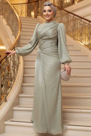 Tesettürlü Abiye Elbise - Drapeli Mint Tesettür Abiye Elbise 50781MNIT 