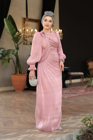 Tesettürlü Abiye Elbise - Drapeli Pudra Tesettür Abiye Elbise 51512PD 