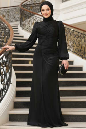 Tesettürlü Abiye Elbise - Drapeli Siyah Tesettür Abiye Elbise 50781S 