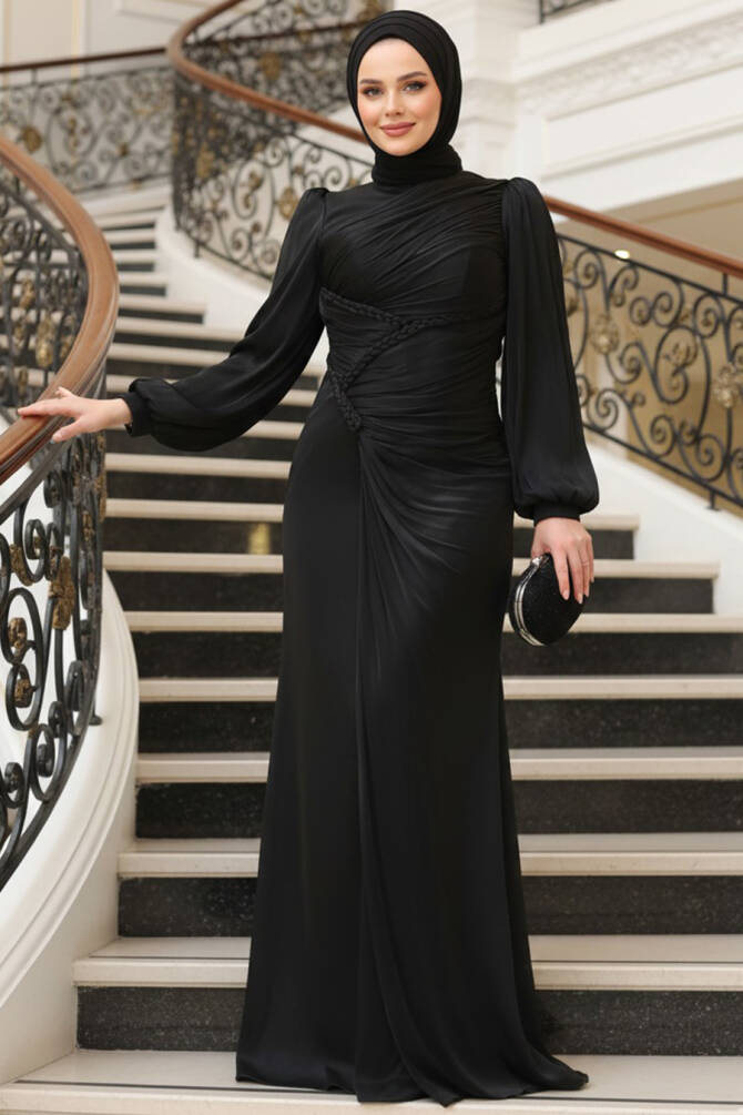 Tesettürlü Abiye Elbise - Drapeli Siyah Tesettür Abiye Elbise 50781S - 1