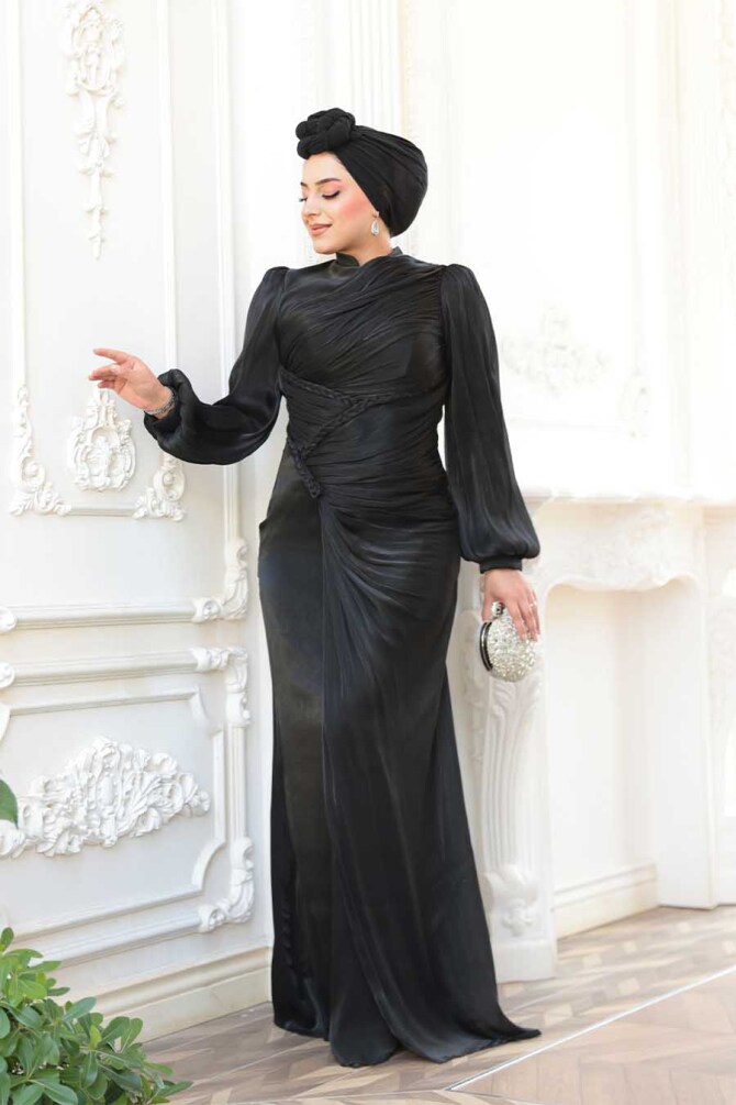 Tesettürlü Abiye Elbise - Drapeli Siyah Tesettür Abiye Elbise 50781S - TESETTÜRLÜ ABİYE ELBİSELER