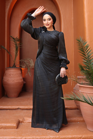 Tesettürlü Abiye Elbise - Drapeli Siyah Tesettür Abiye Elbise 51512S 