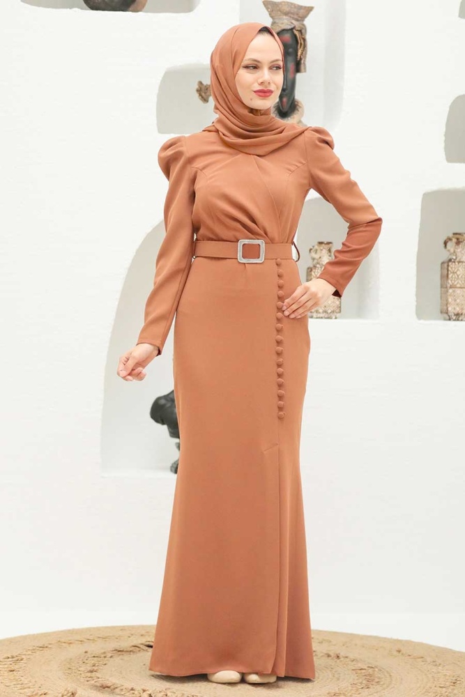 Tesettürlü Abiye Elbise - Düğme Detaylı Balık Camel Tesettür Abiye Elbise 3231C - 1